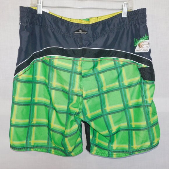 Point Zero Mens L Black Green Yellow plaid Lined Board Shorts Swim Trunks - Picture 8 of 11